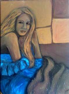 Blocked canvas, 30cm X 40cm, ready to hang, original by Mari Mackie - Woman - Blue on brown, R500